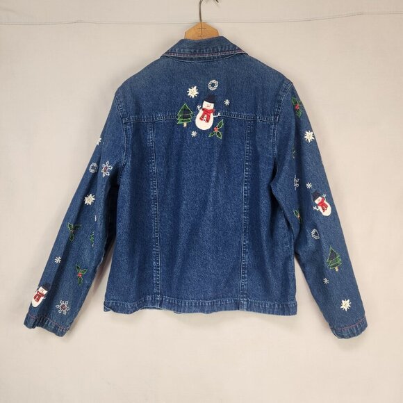 North Crest Denim Christmas Holiday Jacket Women's L Blue Button Up Snowman - Picture 2 of 6